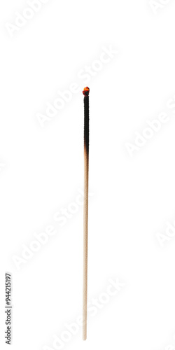 A long matchstick is shown with a charred end and a glowing tip, perfect for illustrating fire awareness or safety topics. Transparent background PNG