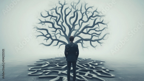 poor complex disorderly management or organization, chaotic decision tree, complex business process. Businessman makes a difficult decision