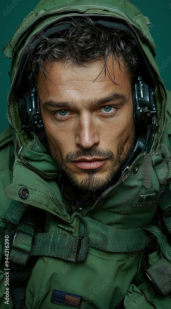 Close-up Portrait of a Handsome Man in a Green Jacket