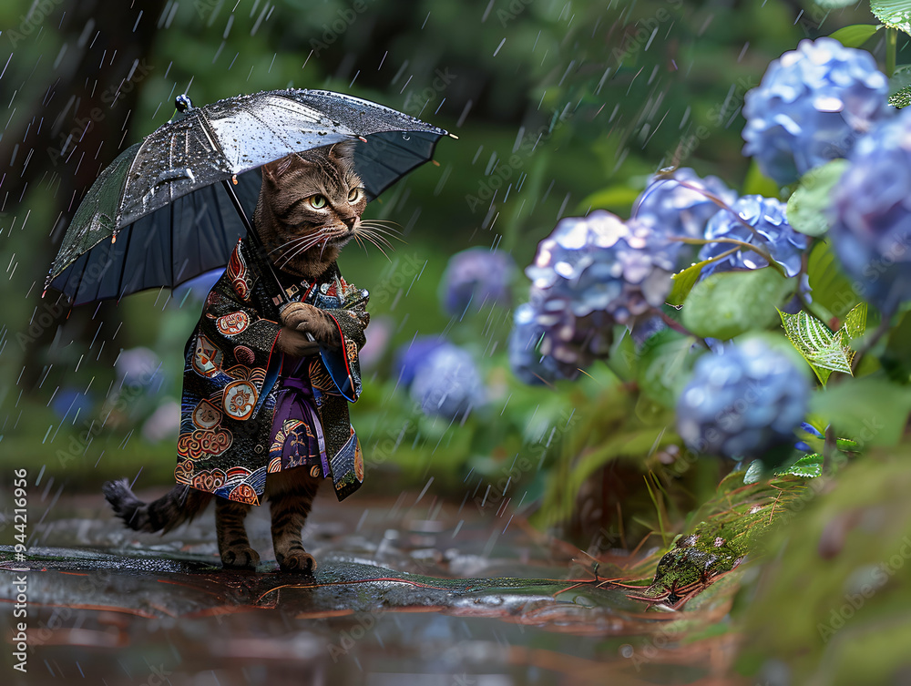 Obraz premium Adorable Cat in Kimono Enjoying a Rainy Day with a Blue Umbrella in a Flower Garden 