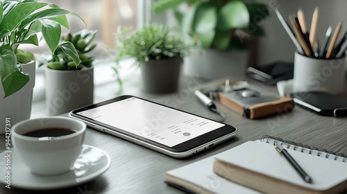 Stylish Office Phone Mockup Featuring Digital Journal App with Pure White Screen for Elegant and Professional Look â€“ Generative AI