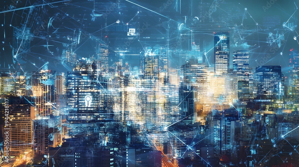 A city skyline at night with glowing lights and a network of digital lines and data. A city skyline at night with glowing lights and a network of digital lines and data.