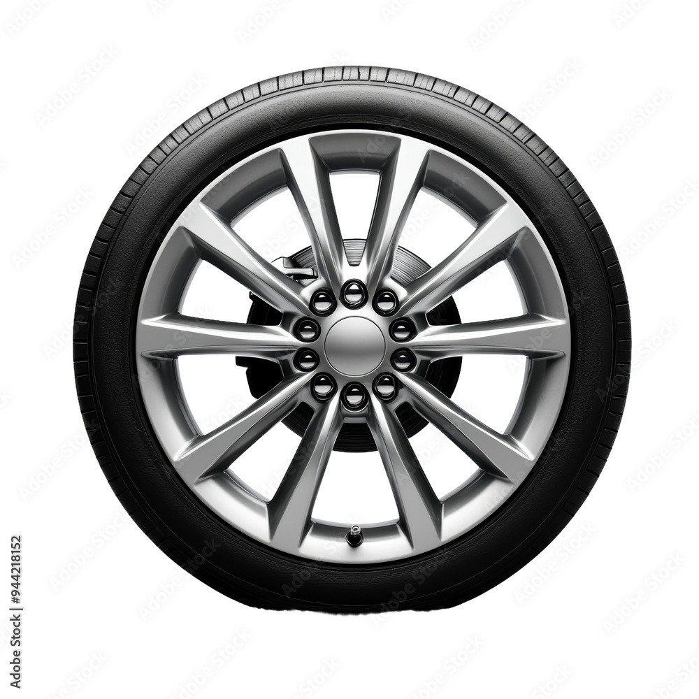 A sleek silver alloy wheel paired with a black tire is showcased, highlighting its modern design and craftsmanship features. Transparent background PNG A sleek silver alloy wheel paired with a black tire is showcased, highlighting its modern design and craftsmanship features. Transparent background PNG