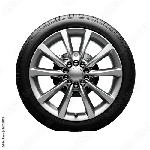 A sleek silver alloy wheel paired with a black tire is showcased, highlighting its modern design and craftsmanship features. Transparent background PNG