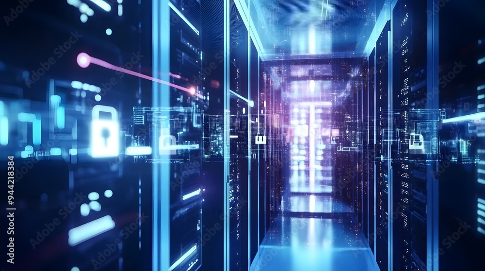 Data flowing through a server room. Data flowing through a server room.