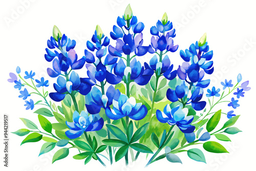 A delicate watercolor illustration showcasing vibrant blue bonnets in their full bloom, portraying nature's beauty and meticulous artistry over a white background
