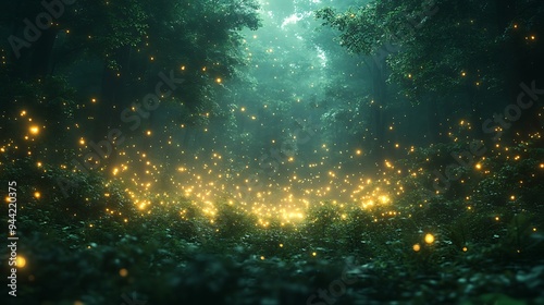 A magical forest path illuminated by fireflies at dusk.