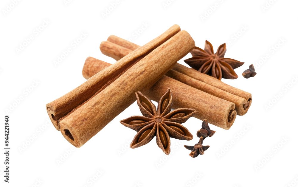 Cinnamon sticks and star anise are presented isolated, ideal for culinary inspiration, spice blends, and decorative arrangements. Transparent background PNG Cinnamon sticks and star anise are presented isolated, ideal for culinary inspiration, spice blends, and decorative arrangements. Transparent background PNG
