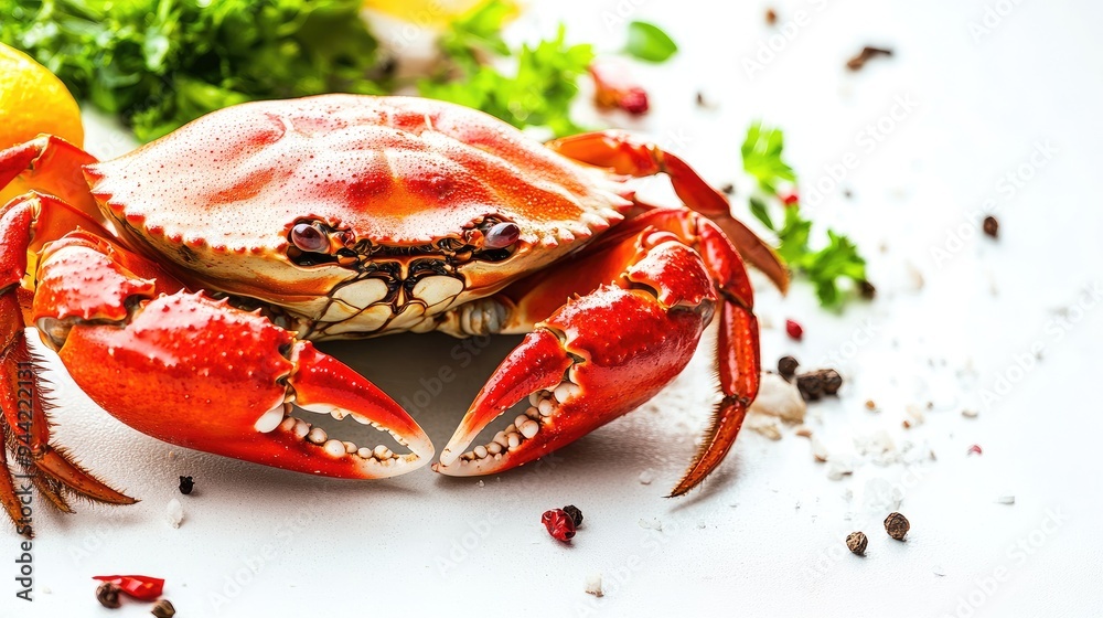 Close-up of steamed crab, vibrant red shell with a succulent texture, looking delicious on a clean white background, no people. Close-up of steamed crab, vibrant red shell with a succulent texture, looking delicious on a clean white background, no people.