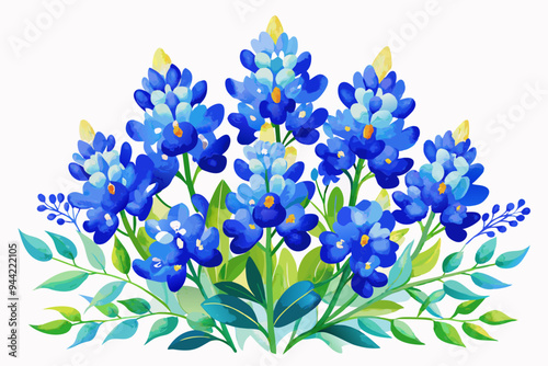 A delicate watercolor illustration showcasing vibrant blue bonnets in their full bloom, portraying nature's beauty and meticulous artistry over a white background
