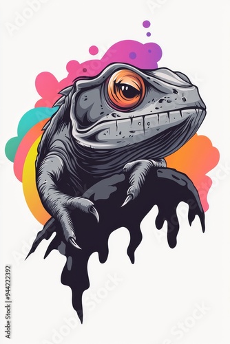 A vector design for a t-shirt print featuring a colorful chameleon. A vector rainbow-colored chameleon with clean lines for a modern and striking look photo