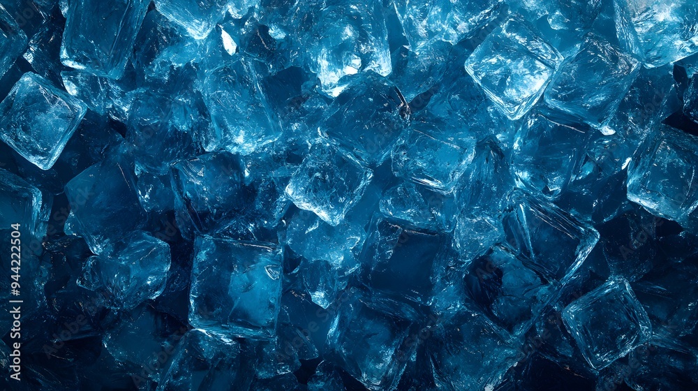 Top view of blue ice cubes in a pile on a dark background, close-up. Textured background for product presentation with copy space. Background for design