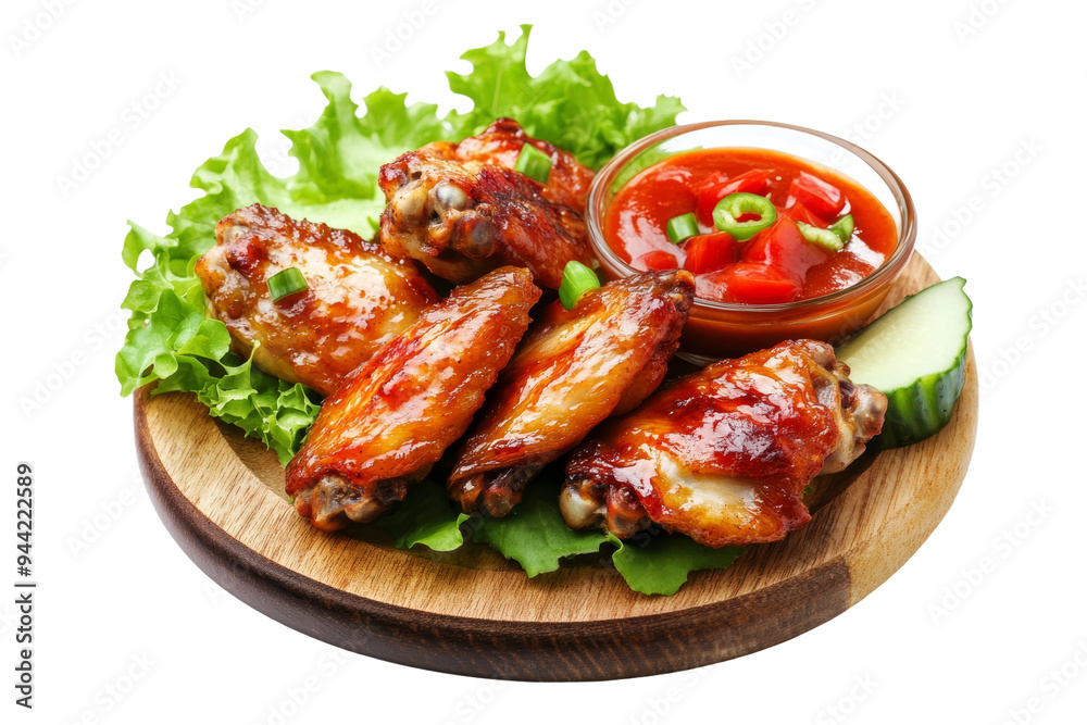 Enjoy a plate of succulent chicken wings on a wooden board, garnished with lettuce and accompanied by a tangy dipping sauce. Transparent background PNG Enjoy a plate of succulent chicken wings on a wooden board, garnished with lettuce and accompanied by a tangy dipping sauce. Transparent background PNG