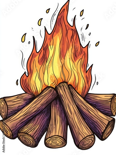 Campfire Illustration with Burning Logs