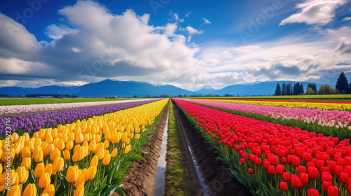 Vibrant Tulip Field with Mountain View - Spring Landscape Photography