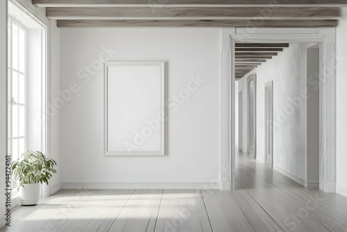 White Poster Frame Mockup with passepartout in empty room, 3d rendering
