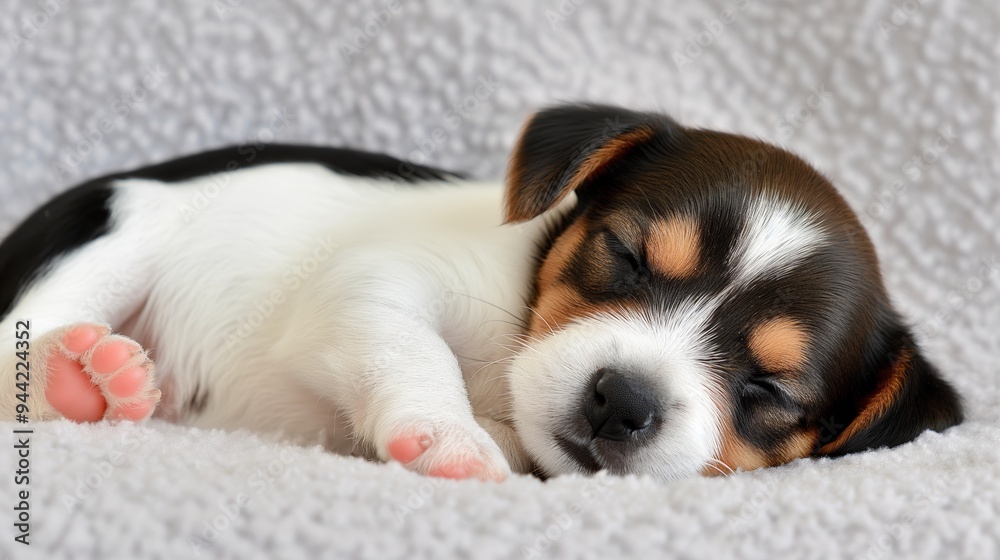 A small brown and white dog is sleeping on a blanket. The dog is curled up and has its paws tucked under its body. The blanket is soft and fluffy A small brown and white dog is sleeping on a blanket. The dog is curled up and has its paws tucked under its body. The blanket is soft and fluffy