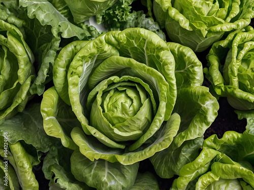 Green Lettuce with leaves , Flat lay view of Fresh salad vegetables, healthy with organic food isolated on background 