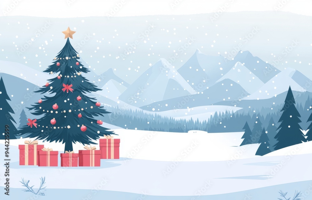 Christmas tree with wrapped presents displayed against a beautiful, snowy landscape. Simple, natural country style decorations. Christmas tree with wrapped presents displayed against a beautiful, snowy landscape. Simple, natural country style decorations.