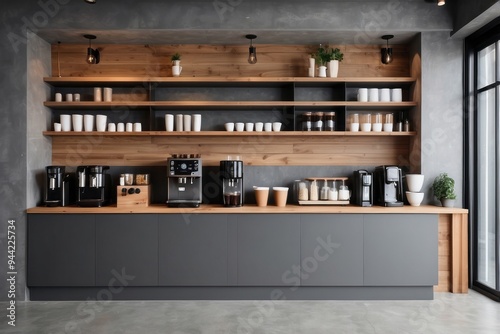 Modern Minimalist Kitchenette with Coffee Machines and Open Shelving