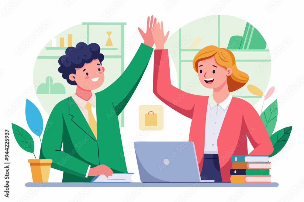 Illustration of two colleagues, one in a green blazer and the other in a pink blazer, giving each other a high-five while working on laptops in an office setting.
Illustration of two colleagues, one in a green blazer and the other in a pink blazer, giving each other a high-five while working on laptops in an office setting.
