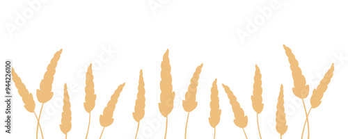 food banner bakery, pastry with wheat, oat, barley, rye, wheat ears stalks, field on yellow background and space for text, copy space