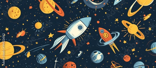 Fototapeta Naklejka Na Ścianę i Meble -  Cosmic fabric for kids in a bright and playful design This 3D cartoon rendering showcases a space exploration theme ideal for children s textiles and wrapping paper featuring charming hand drawn el