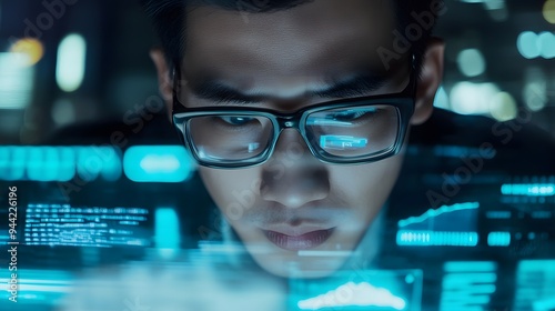 A young Asian man looks intently at a computer screen, analyzing data.