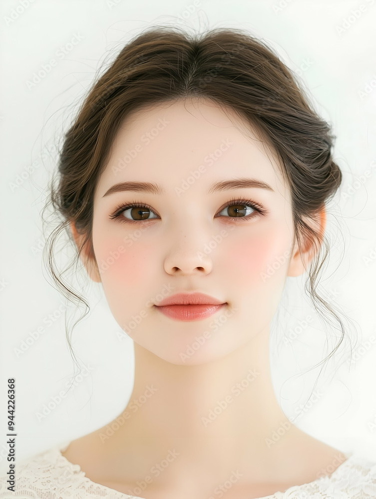 Fototapeta premium Minimalist Beauty Portrait with Soft Natural Makeup and Clean Background