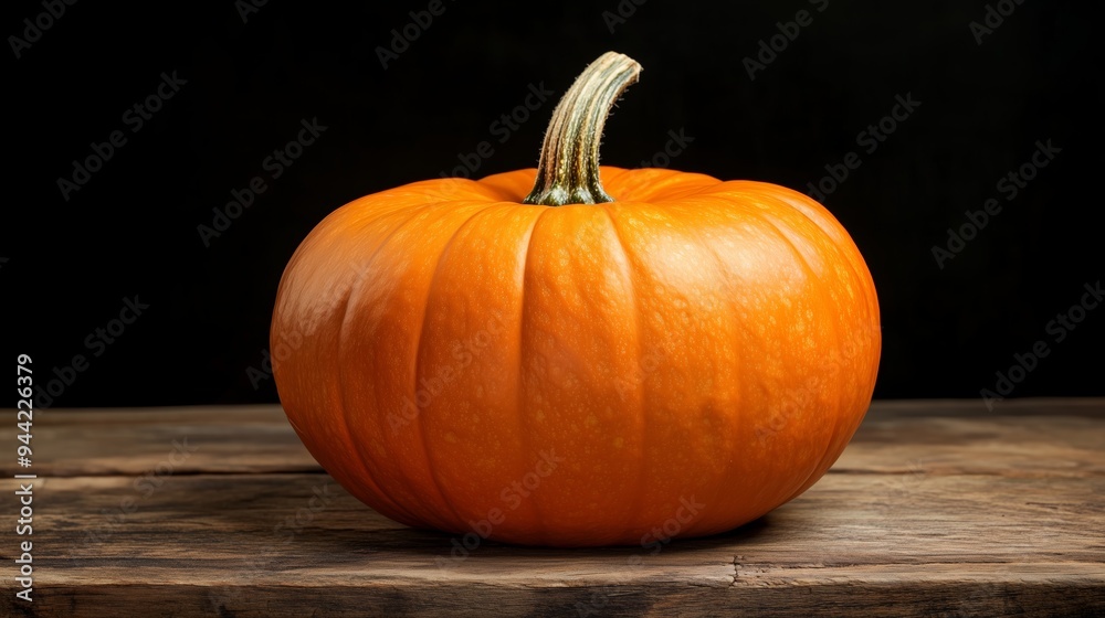 A vibrant orange pumpkin placed on a rustic wooden surface against a dark background, highlighting autumn's seasonal essence during harvest time
