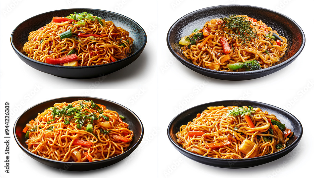 A plate of yakisoba noodles with vegetables, isolated on a white background A plate of yakisoba noodles with vegetables, isolated on a white background