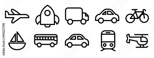 rounded line icon set transportation cars bus plane