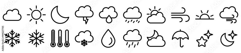 rounded line icon set weather climate clouds sun temperature