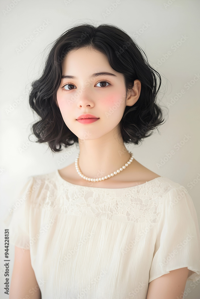 Elegant Portrait of a Woman Wearing a Pearl Necklace with Soft Expression Elegant Portrait of a Woman Wearing a Pearl Necklace with Soft Expression