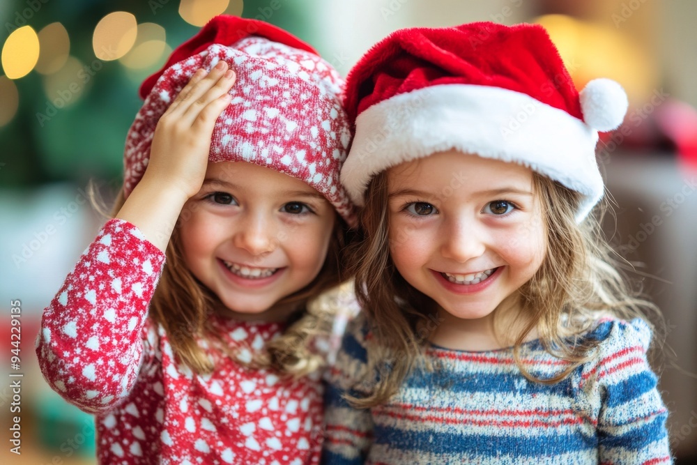 Obraz premium Sisters peeking at each other in Santa hats in the living room