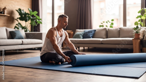 Home active lifestyle man rolling exercise mat in the living room