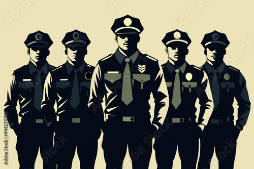 Silhouetted figures of multiple police officers in uniform, standing side by side, facing forward, depicted in a monotone style on a light background.
