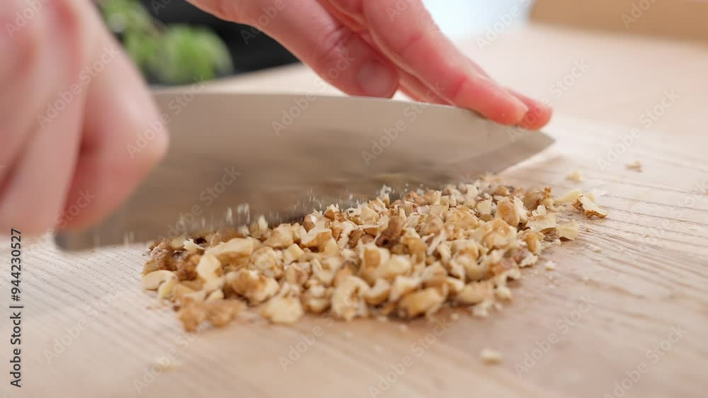 Macro. Walnuts, pistachio, hazelnuts are cut with a sharp knife on a wooden board. Chopped nuts. Side view, close-up Macro. Walnuts, pistachio, hazelnuts are cut with a sharp knife on a wooden board. Chopped nuts. Side view, close-up