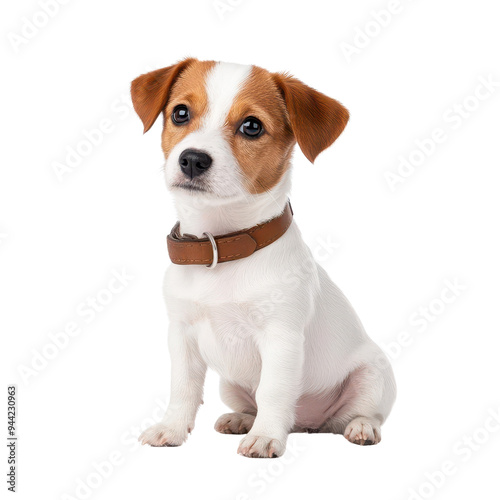 Adorable puppy with brown and white fur, sitting confidently. Perfect for pet-themed projects and animal lovers isolate on transparency background