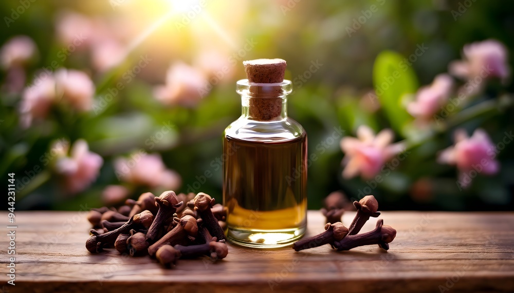 clove essential oil in a glass bottle placed on a wooden surface clove essential oil in a glass bottle placed on a wooden surface