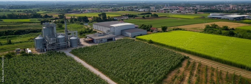An extensive aerial view highlighting an industrial facility surrounded by agricultural fields, conveying balance and productivity. An extensive aerial view highlighting an industrial facility surrounded by agricultural fields, conveying balance and productivity.