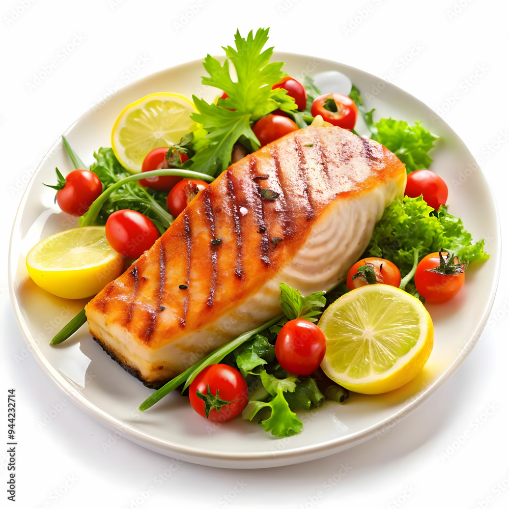 grilled salmon with salad on white background