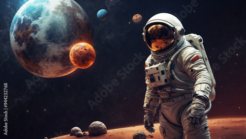 Spaceman and planet human in space concept