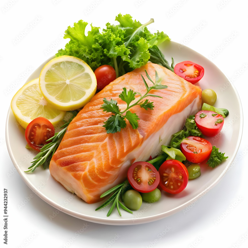 grilled salmon with salad on white background grilled salmon with salad on white background