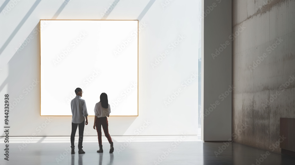 Fototapeta premium Two people standing in front of a large white wall