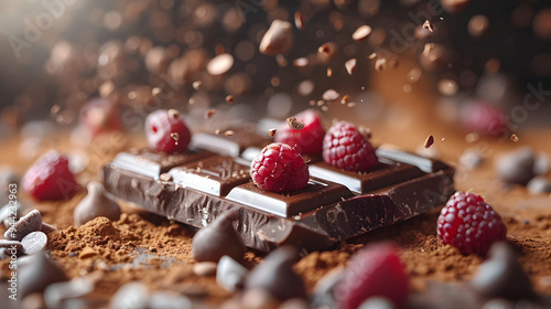 Chocolate Bar with Raspberries and Cocoa Powder - Food Photography