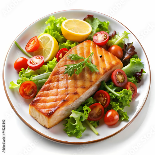 grilled salmon with salad on white background
