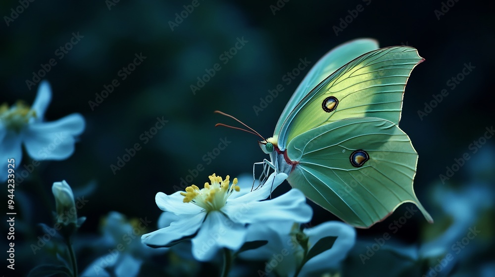 Green Butterfly on White Flower Green Butterfly on White Flower