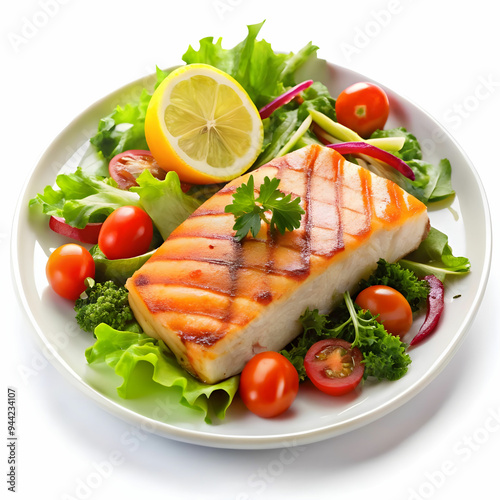 grilled salmon with salad on white background