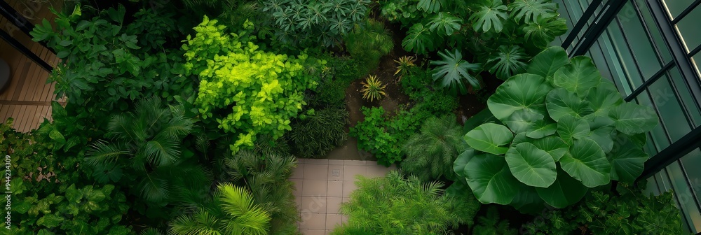 Lush green garden with diverse plants and a tiled pathway in the center, viewed from an upper perspective. Lush green garden with diverse plants and a tiled pathway in the center, viewed from an upper perspective.